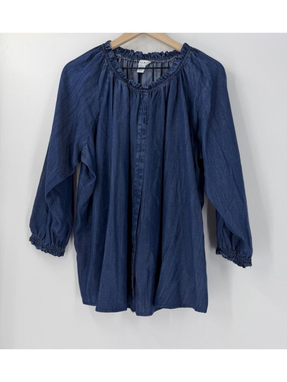 Intro Chambray Ruffle Neck Button Front 3/4 Sleeve Top 2X Lyocell Elevated Basic
